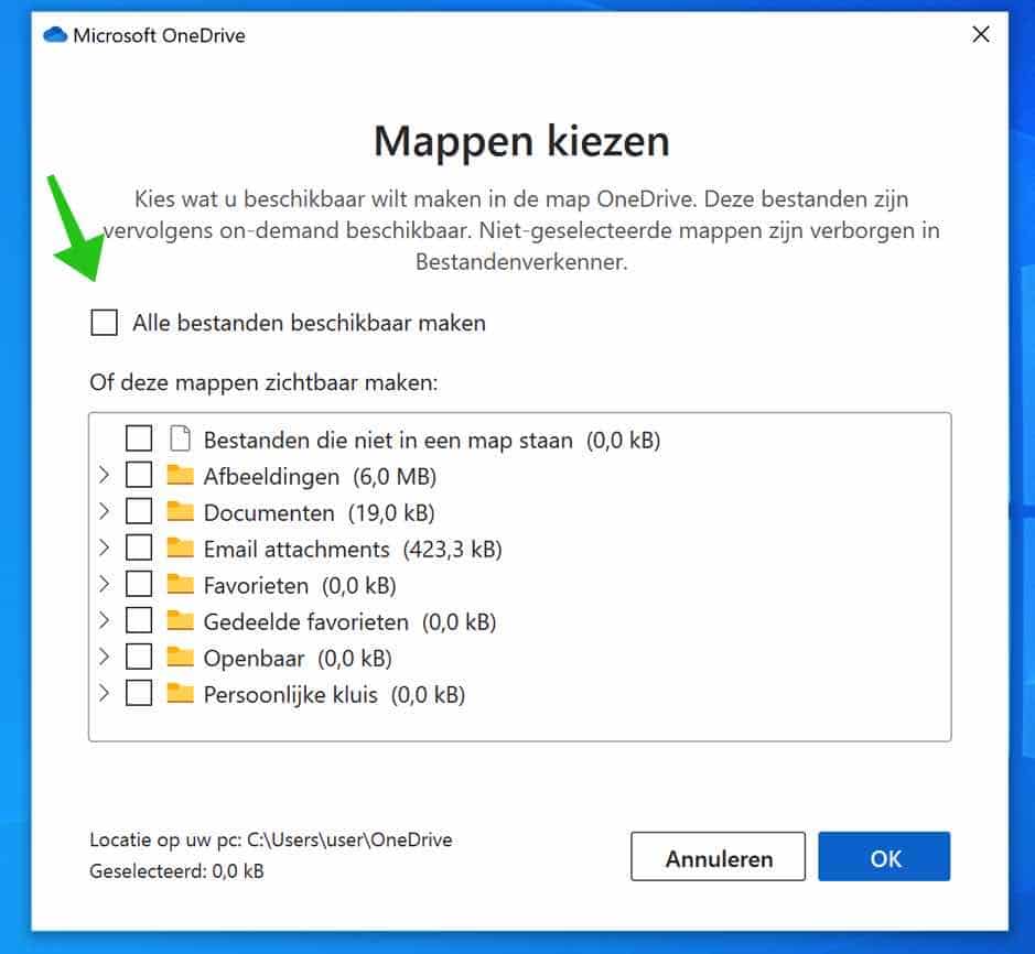 Onedrive mappen kiezen