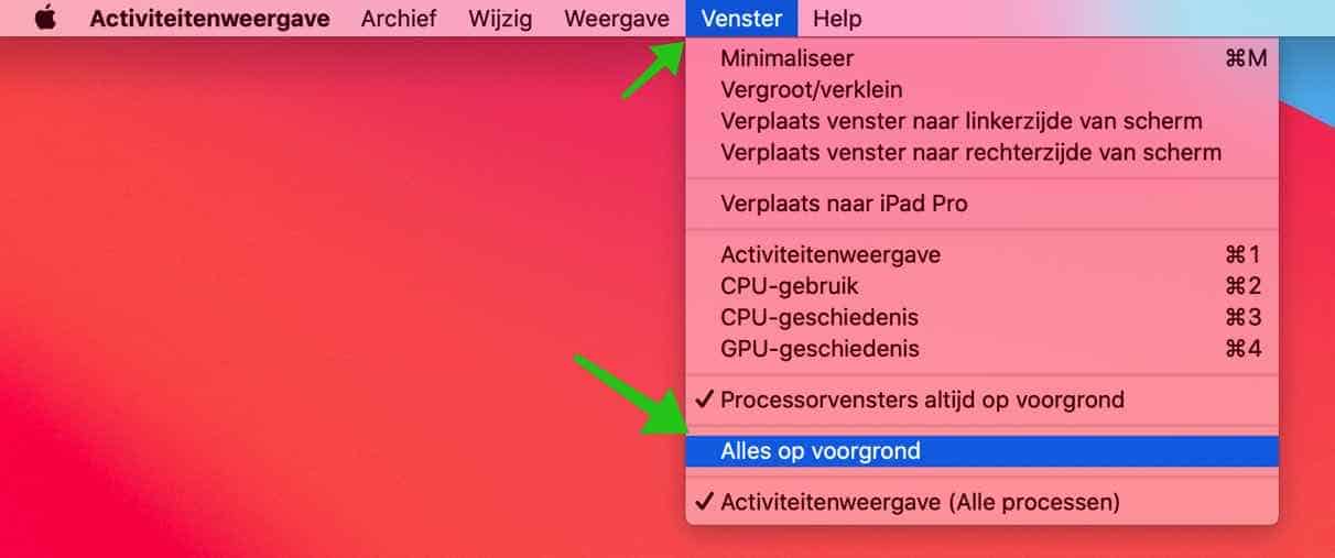 alles op voorgrond activiteitenweergave