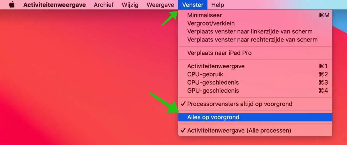 alles op voorgrond activiteitenweergave