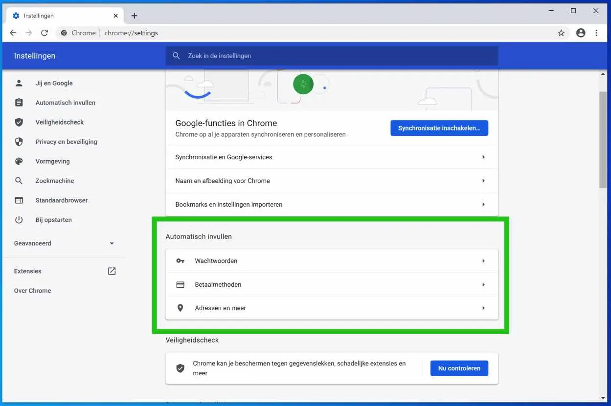 automatisch aanvullen opties google chrome