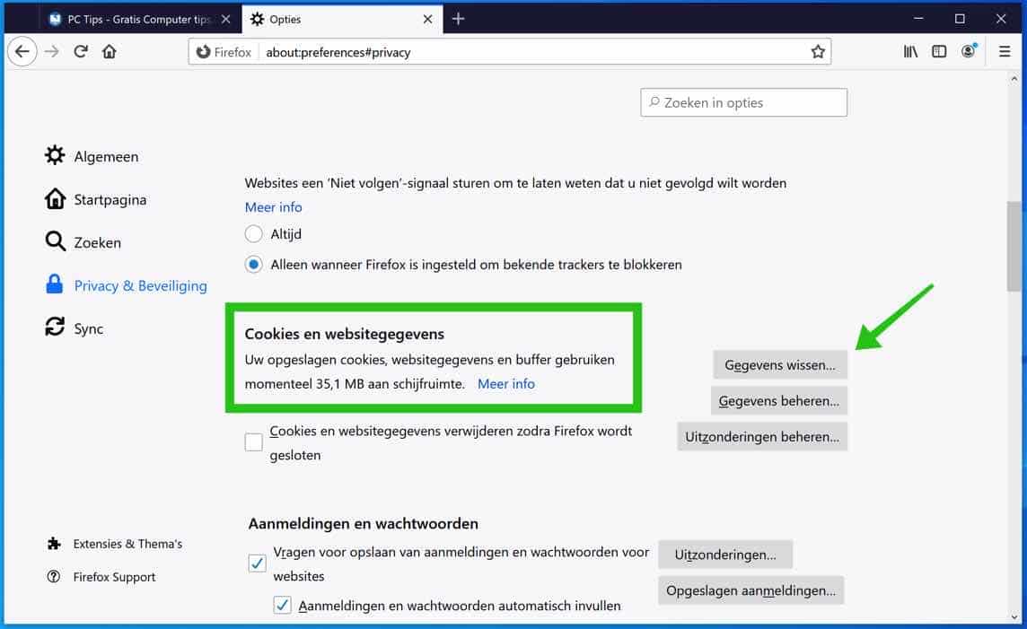 firefox cookies en websitegegevens wissen