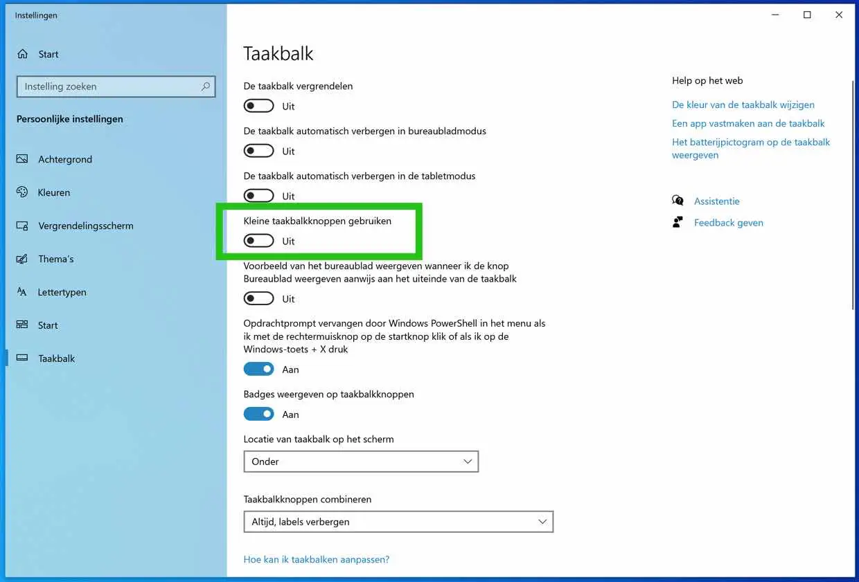 kleine taakbalkknoppen gebruiken