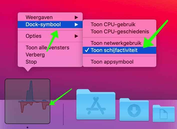 schijfactiviteit weergeven in dock activiteitenweergave mac