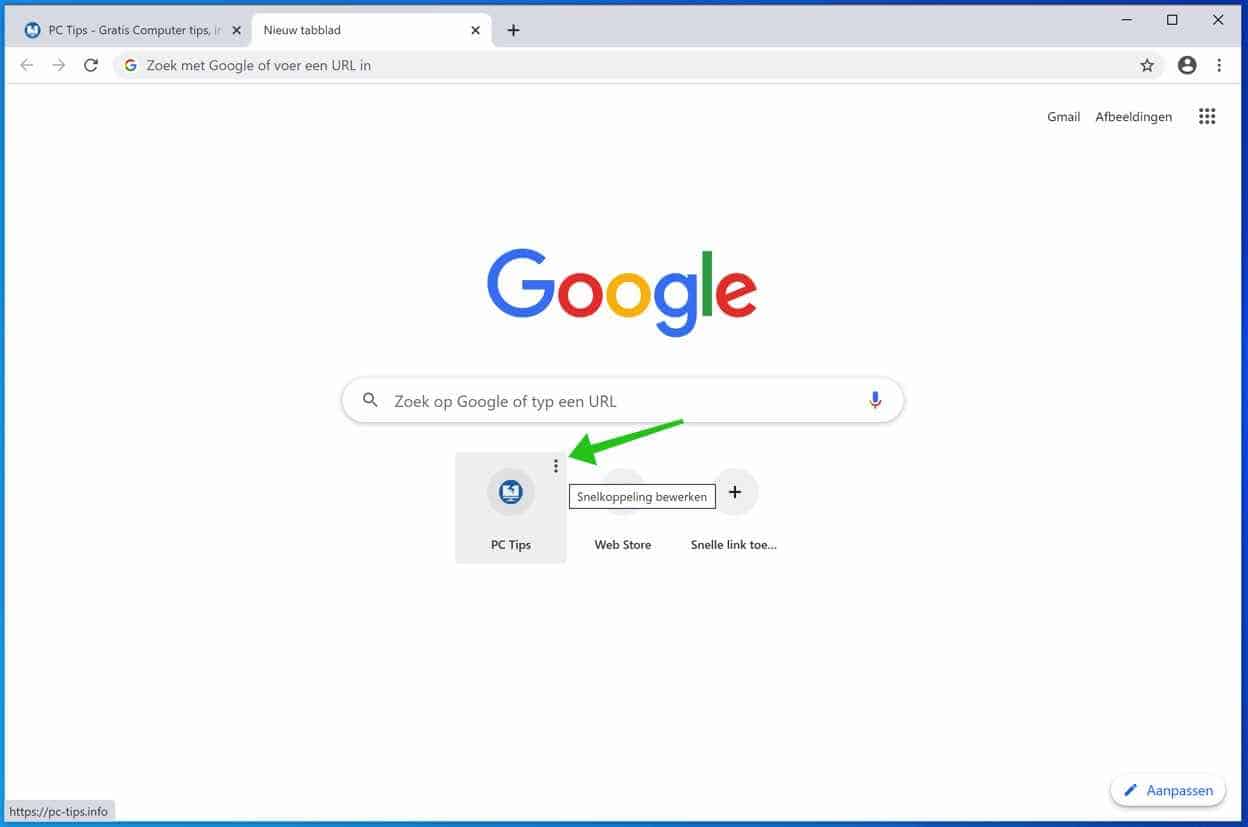 snelkoppeling verwijderen google chrome nieuwe tabblad