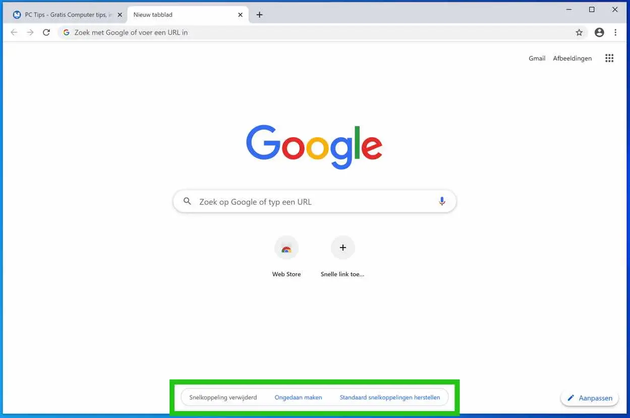 standaard snelkoppelingen herstellen google chrome