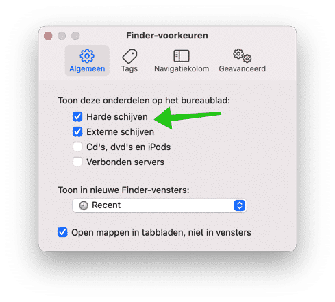 Finder voorkeuren externe hardeschijven weergeven