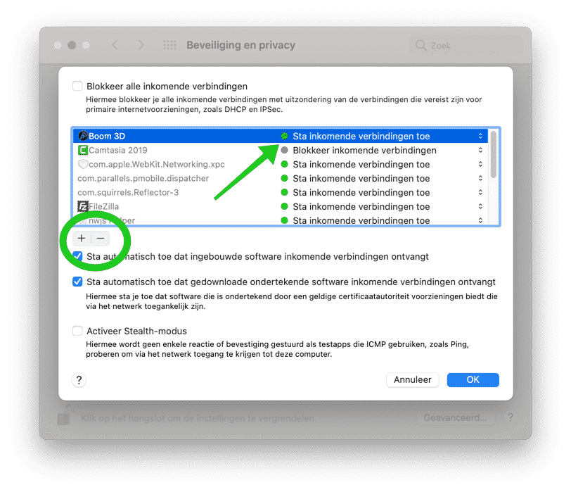 applicatie toevoegen of wijzigen firewall mac