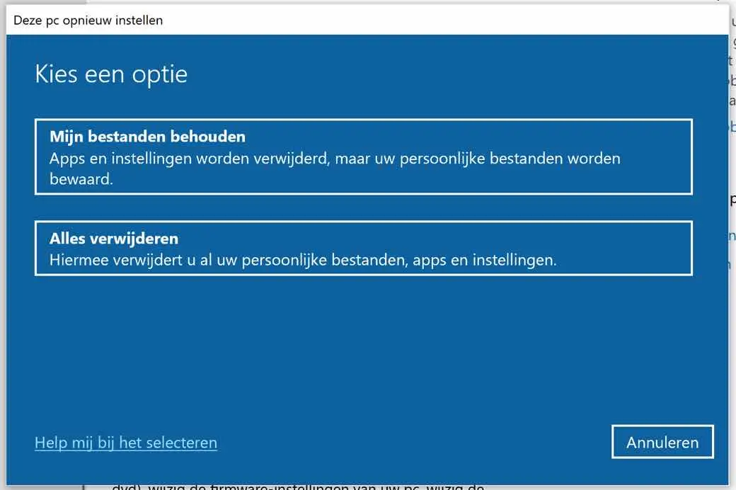 bestanden behouden of alles verwijderen