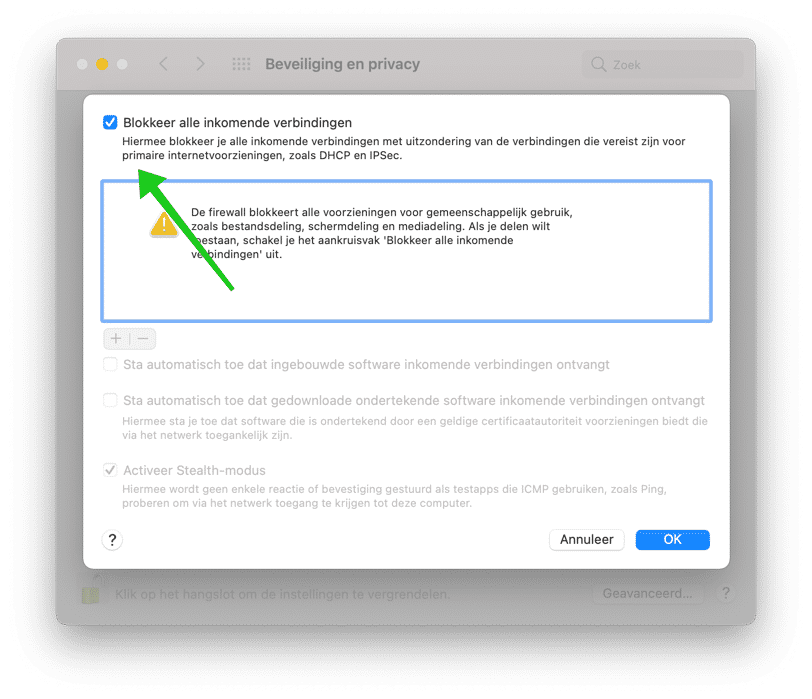 block all connections disable mac firewall