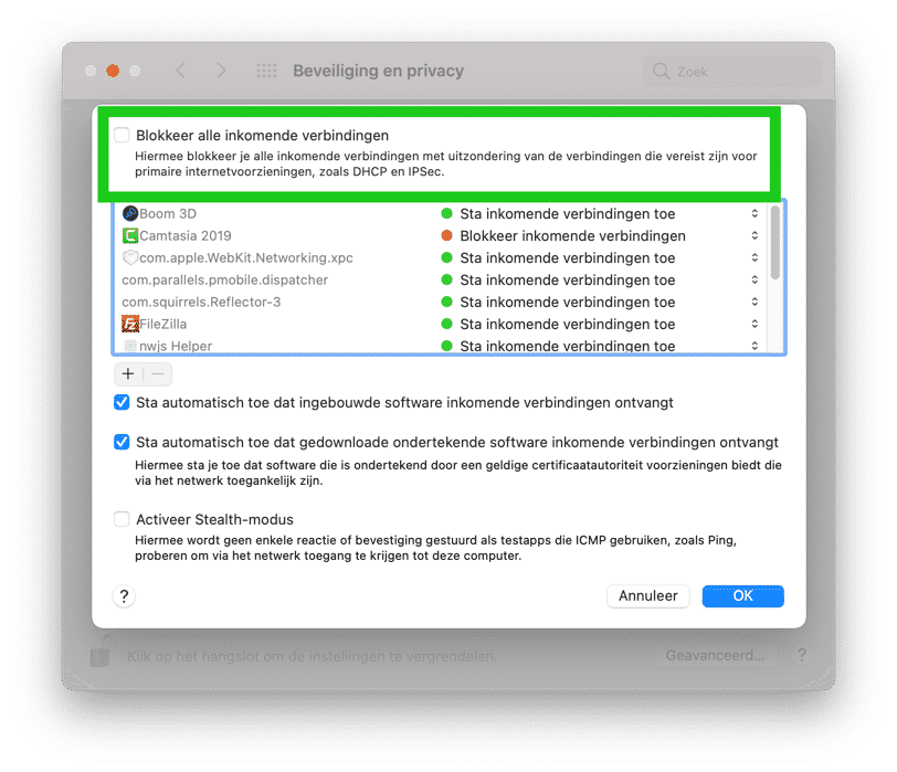 firewall blokkeer alle inkomende verbindingen mac