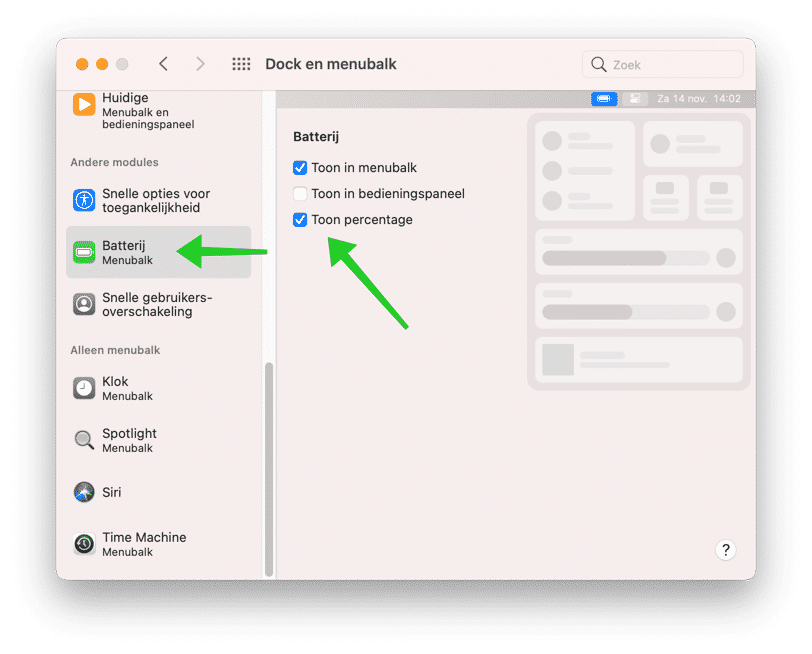 mac big sur batterij percentage weergeven