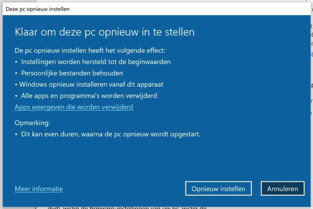 pc opnieuw instellen met behoud bestanden