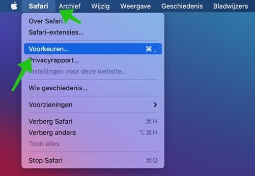 safari voorkeuren menu