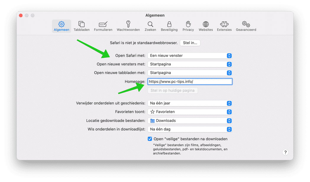 startpagina instellingen safari mac big sur