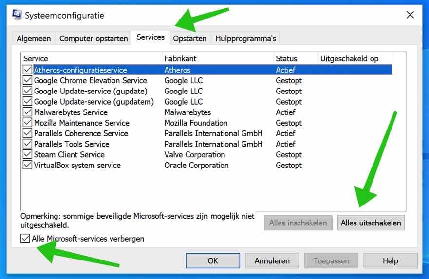 systeemconfiguratie services uitschakelen