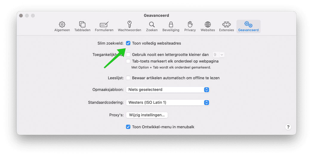 toon volledig webadres in safari