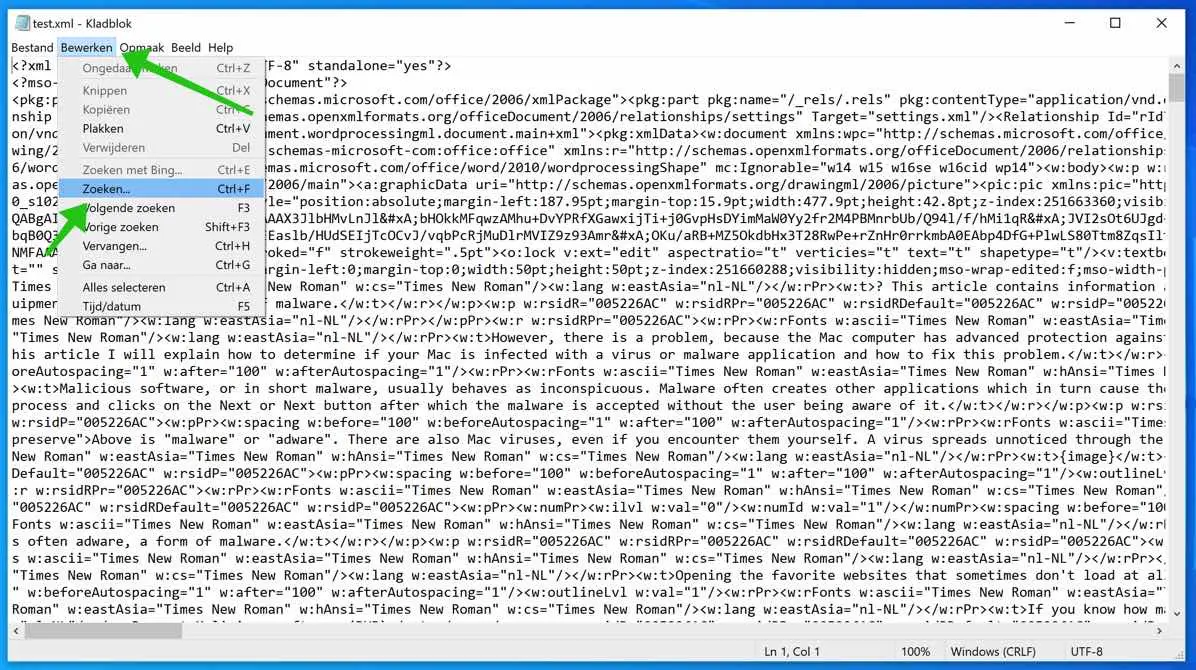 word document kladblok zoeken