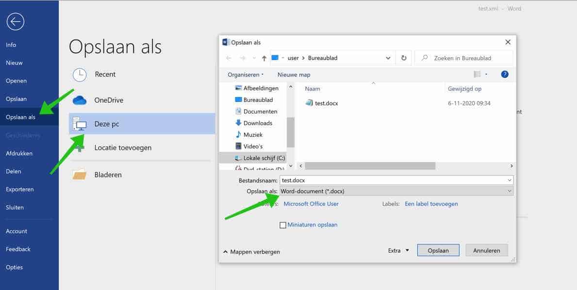 xml document opslaan als docx word