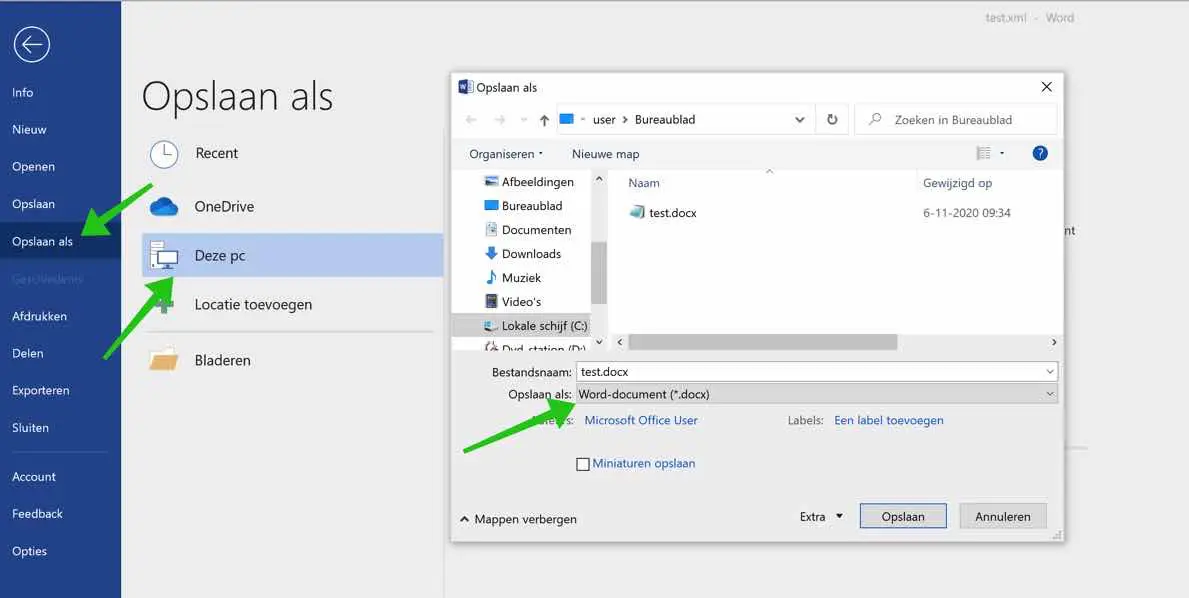 xml document opslaan als docx word