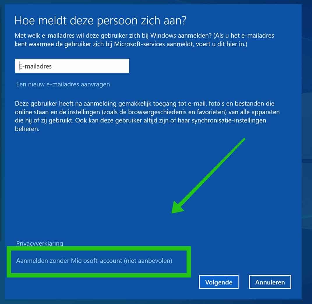 aanmelden zonder microsoft account windows 10