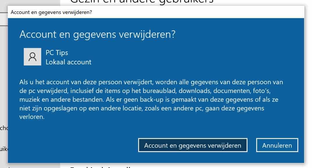 account en gegevens verwijderen windows 10