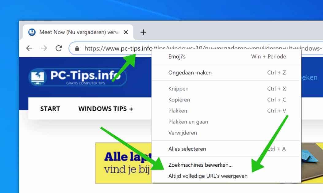 altijd volledige url weergeven in Google Chrome