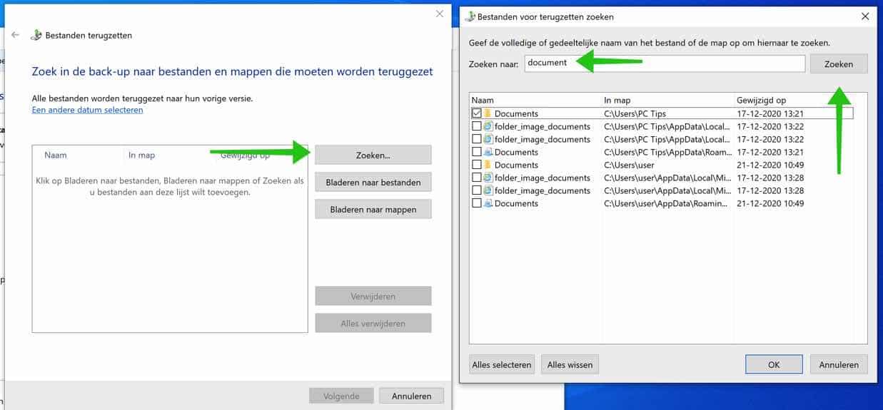 bestand zoeken om terug te halen windows