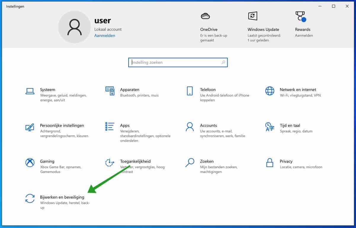 bijwerken en beveiliging instellingen windows