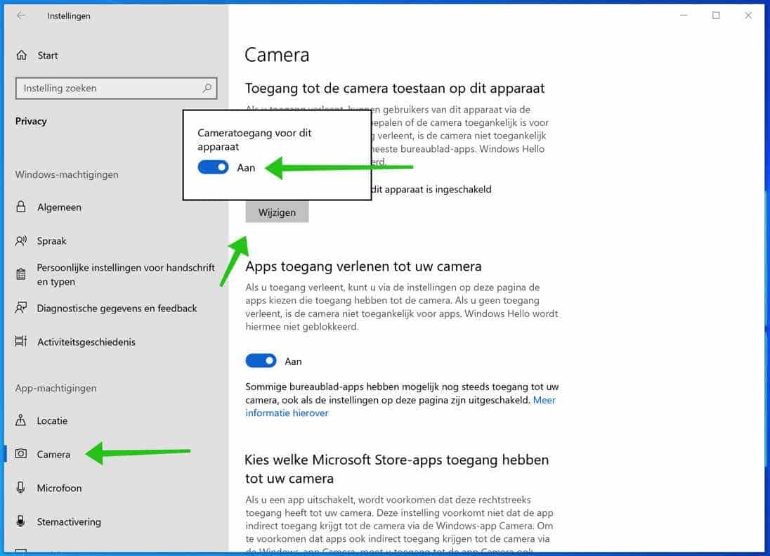 camera activeren windows 10