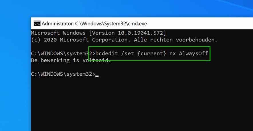 data execution prevention uitschakelen in windows 10