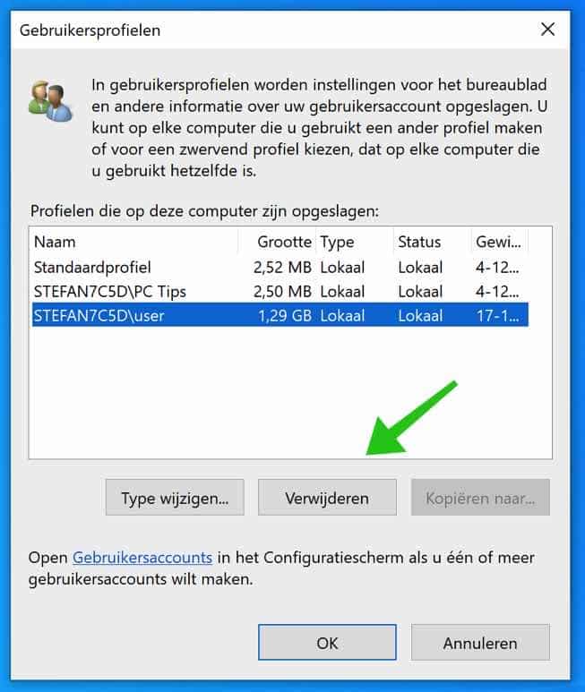 gebruikersprofiel verwijderen windows 10