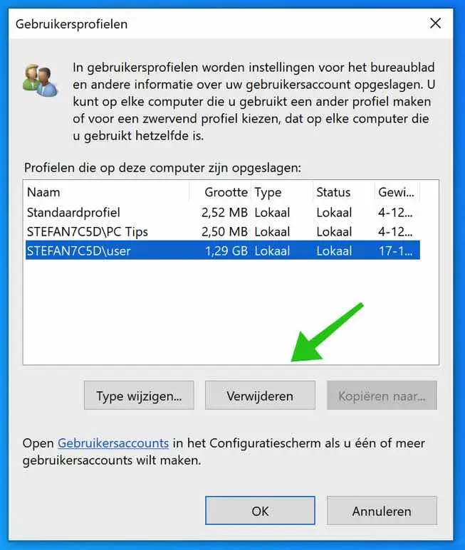 gebruikersprofiel verwijderen windows 10