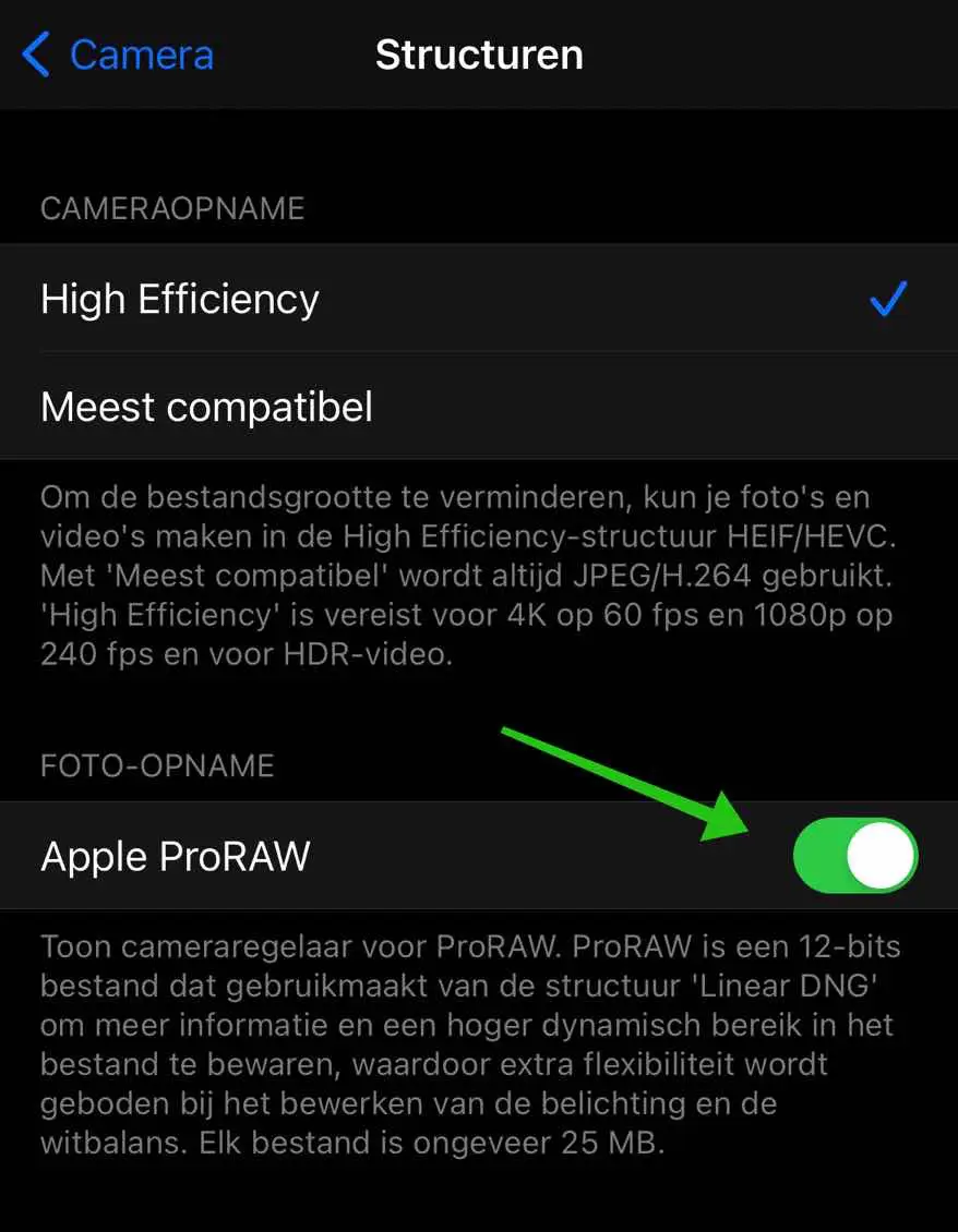 iphone proraw inschakelen aanzetten