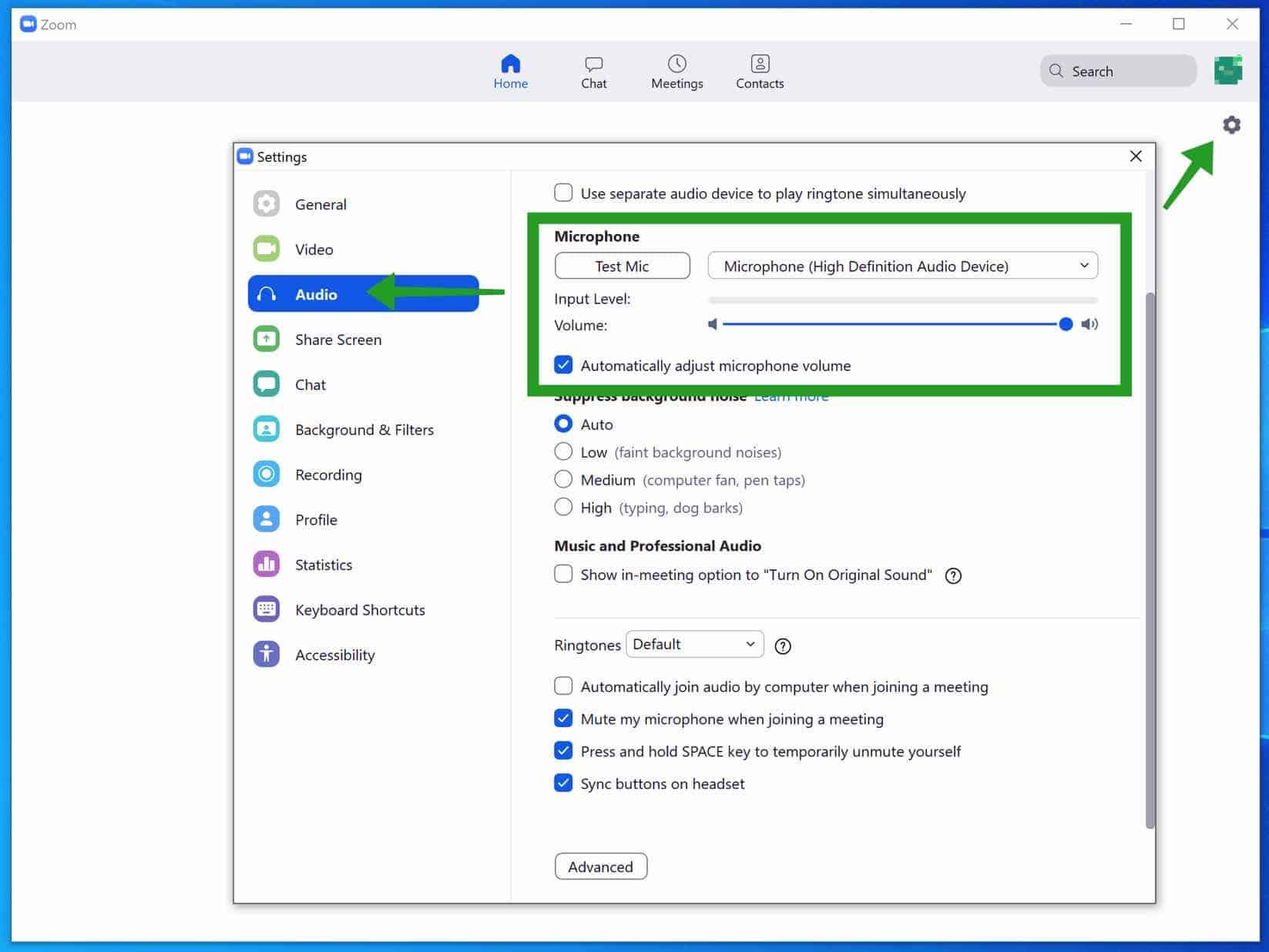 microfoon volume aanpassen in zoom