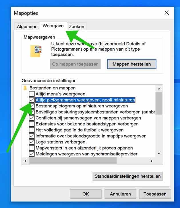 miniaturen uitschakelen windows 10