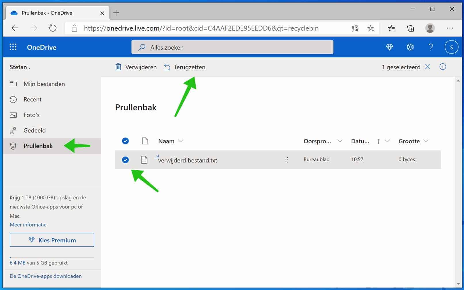 onedrive prullenbak bestand terugzetten
