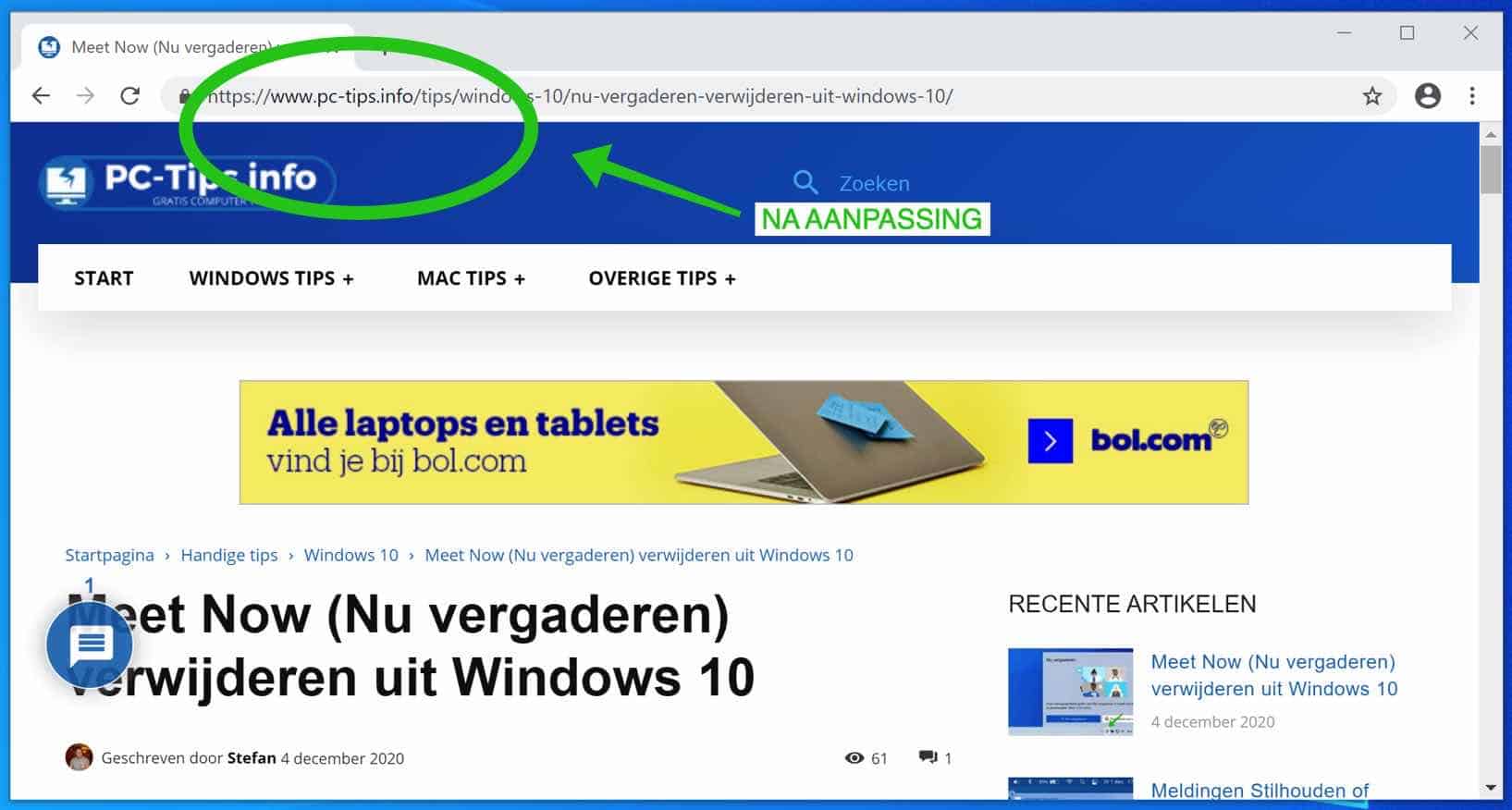 volledige adres van website weergeven in google chrome