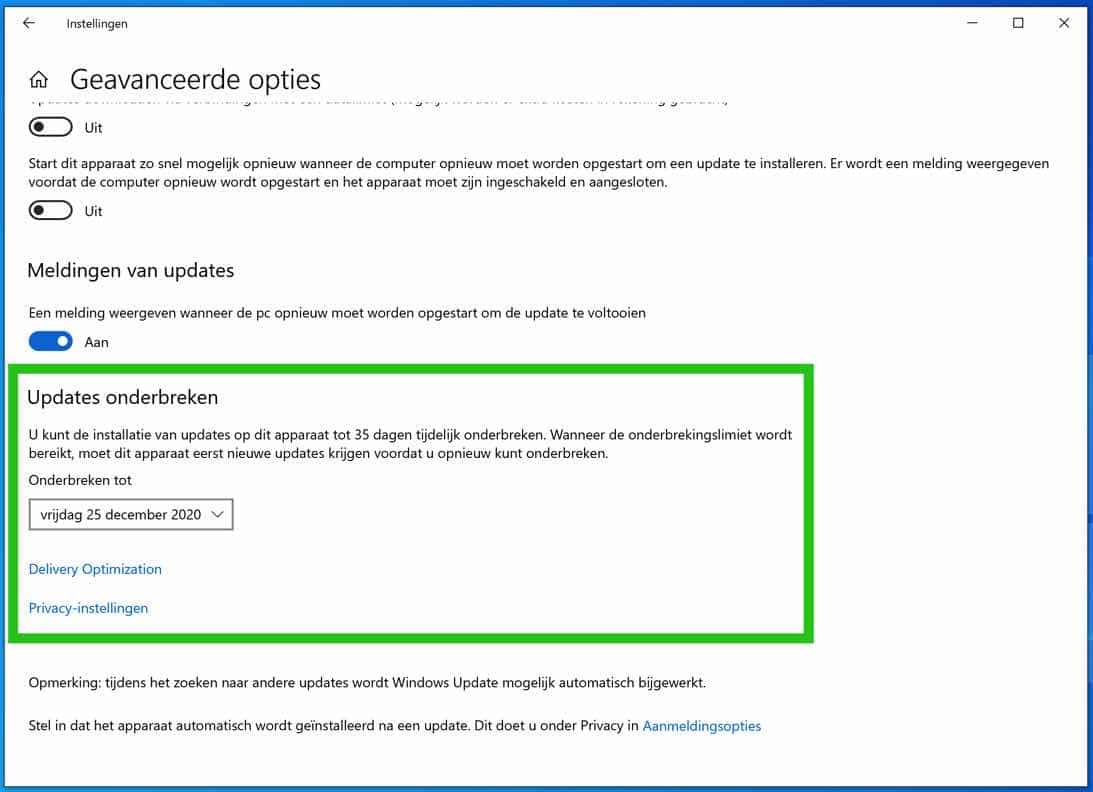 windows updates uitstellen datum