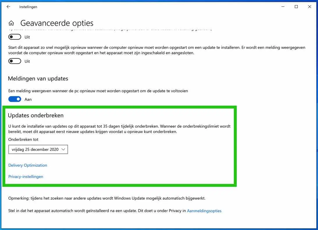 windows updates uitstellen datum