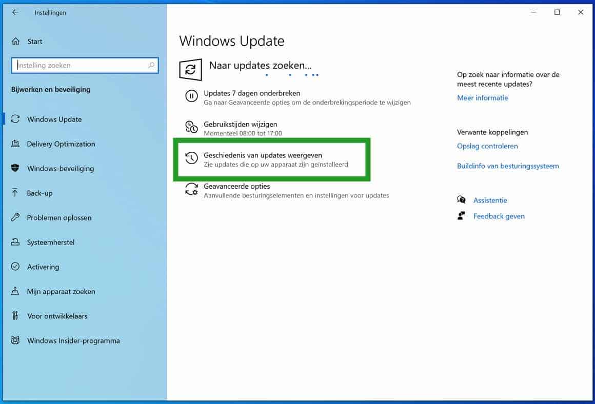 View update history in windows