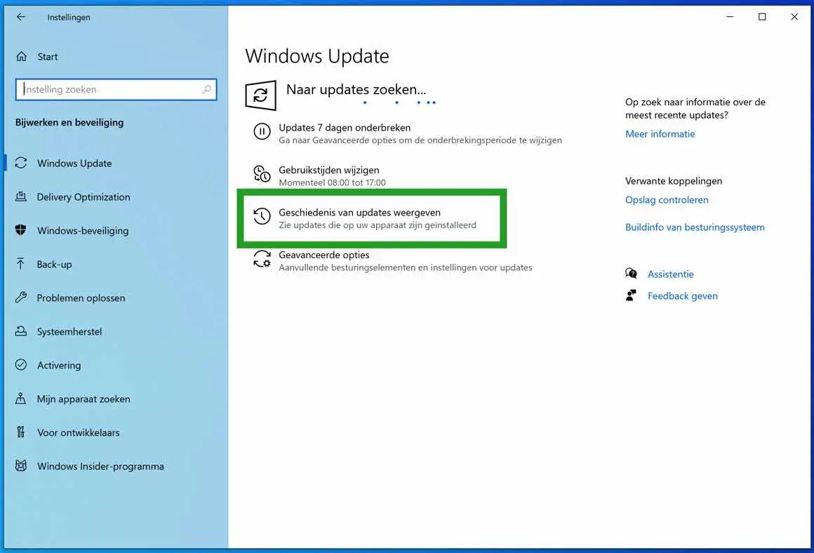 Geschiedenis van de updates weergeven in windows