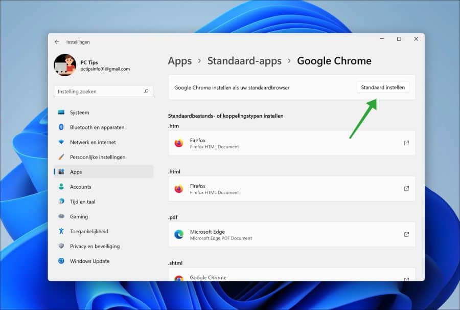 Google Chrome instellen als uw standaardbrowser via de Windows instellingen