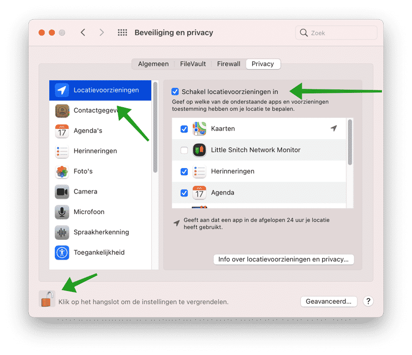 beveiliging en privacy instellingen mac