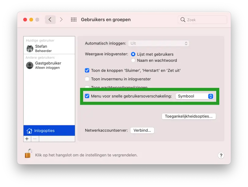 Menu voor snelle gebruikersoverschakeling