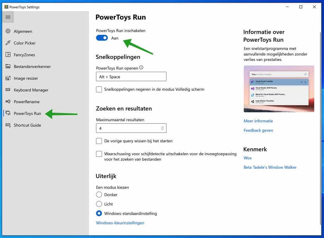 PowerToys run instellingen