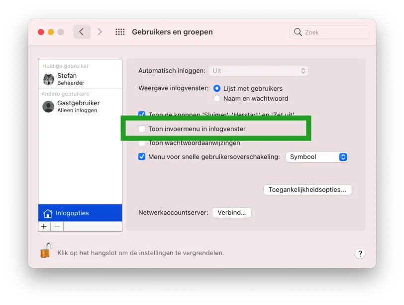Toon invoermenu in inlogvenster