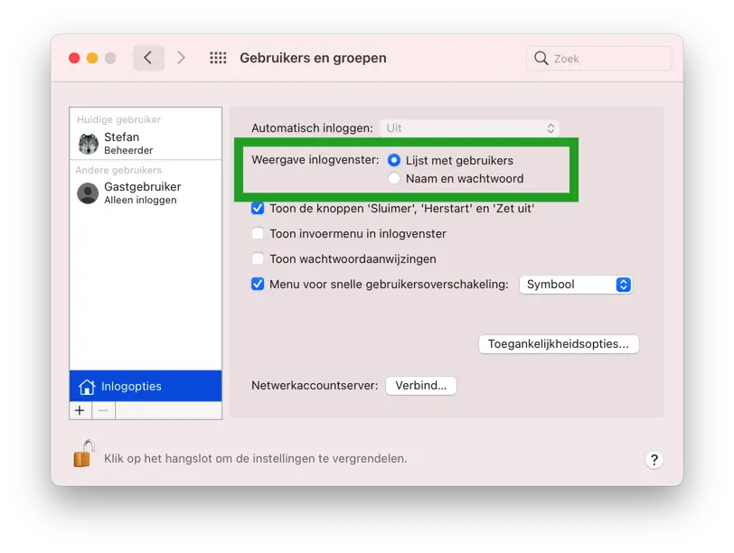 Weergave inlogvenster wijzigen