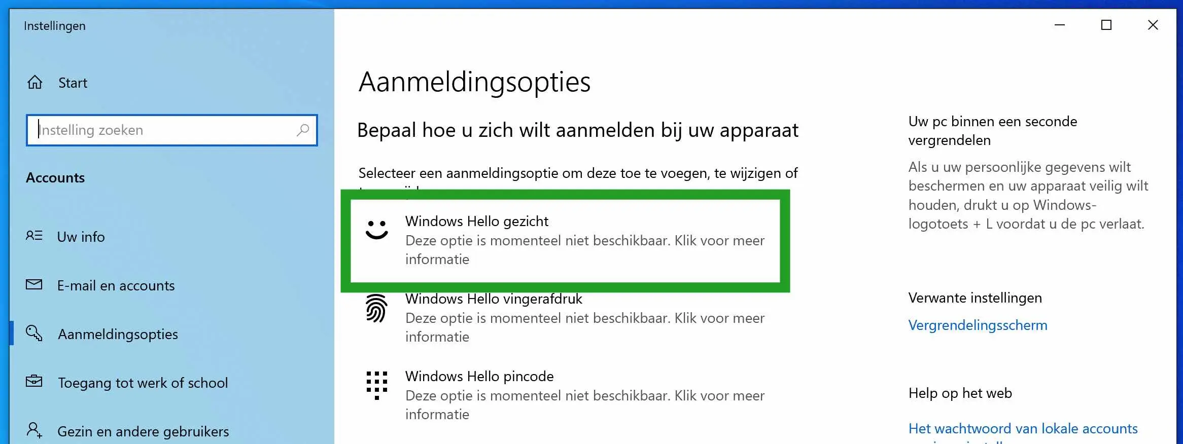 Windows hello is niet beschikbaar