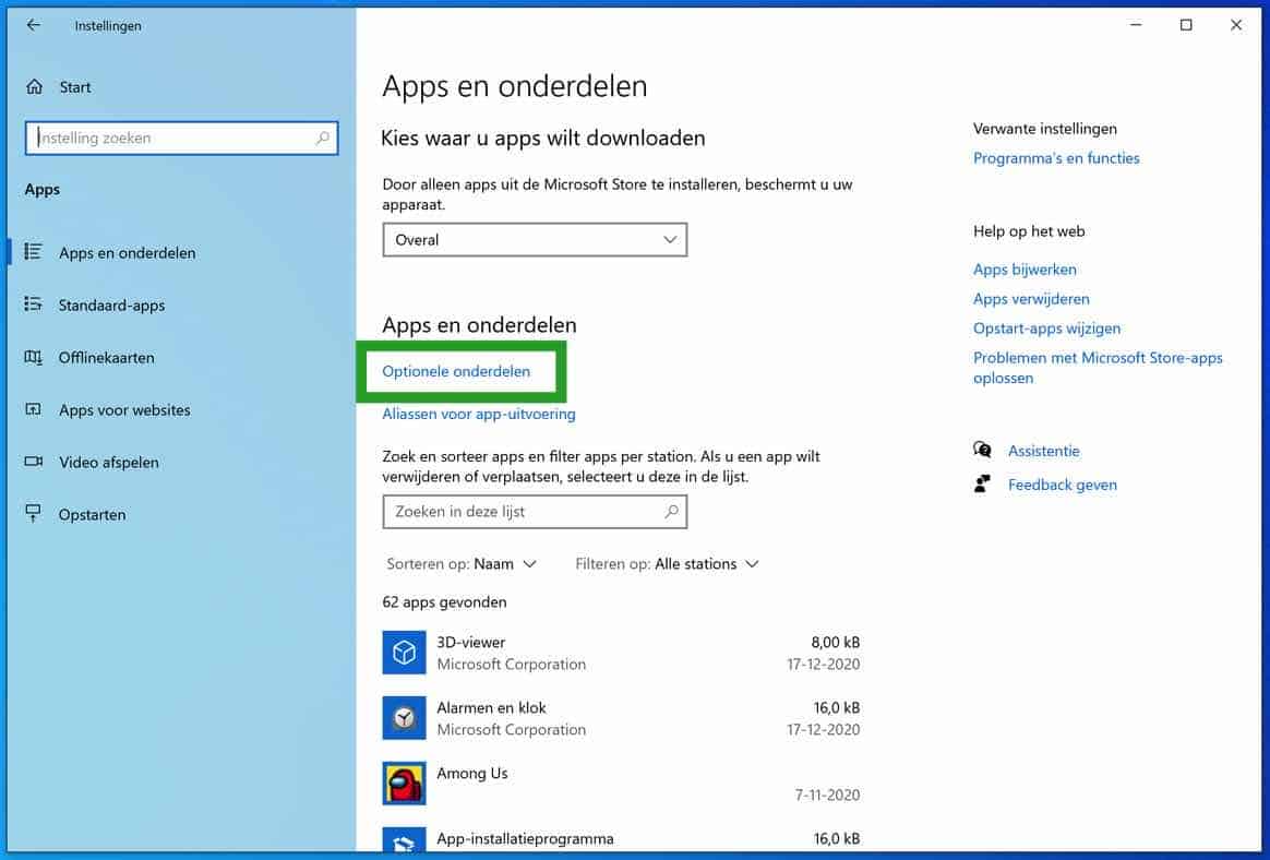 Windows optionele onderdelen installeren