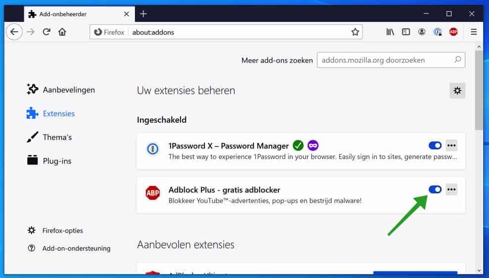 addon uitschakelen in firefox